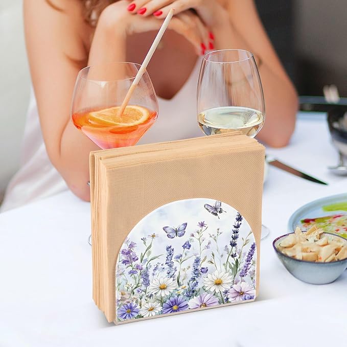 Spring Wild Flowers Purple Butterfly Napkin Holder for Tables Paper Cocktail Napkin Holders for Kitchen Dinning,Acrylic Dinner Napkin Dispenser for Restaurant Home Decor Bar Accessories 2 Pack