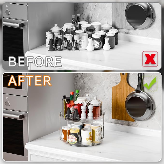 2 Tier Lazy Susan Turntable for Cabinet,Countertop,Pantry,12"W Spinning Seasoning Organizer,Double Rotating Kitchen Spice Rack Organizer and Condiments,Medicine,Vitamin Bottle Organizer Carousels,1Pc
