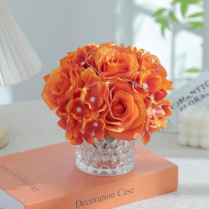 Rose Silk Flower Arrangement Artificial Vivid Rose in Glass Vase with LED Light Elegant Centerpiece for Home Wedding Bathroom Table Shelf Decoration (Orange)