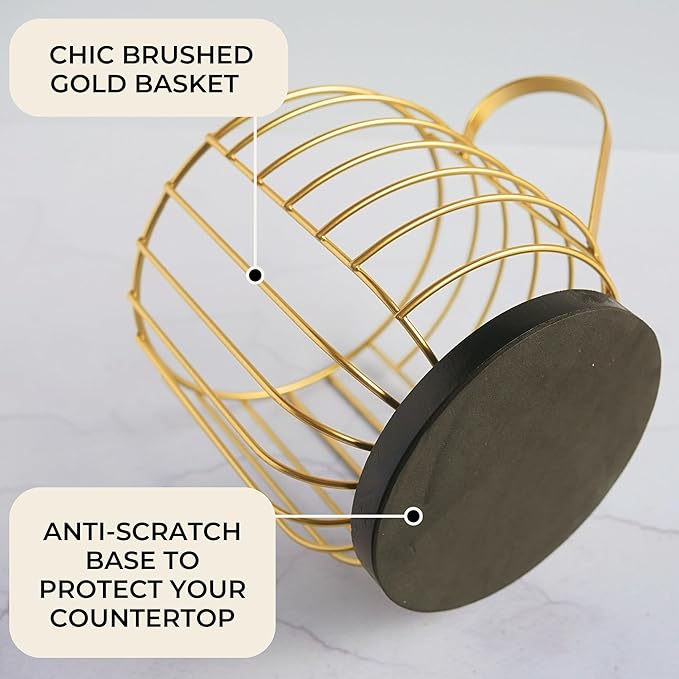 Large Coffee Pod Holder – Compatible w/KCup Pods and Capsules - Gold Metal K Cup Holder - Cute Coffee Pod Basket w/Wooden Lid - Coffee Pod Storage - Coffee Bar Decor (Wood & Gold, Large)