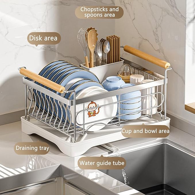 Stainless Steel Dish Drying Rack,304 Grade Rustproof Dish Rack for Kitchen Counter with Drain Board & Detachable Holder (Small:16.5 * 7 * 7inch)
