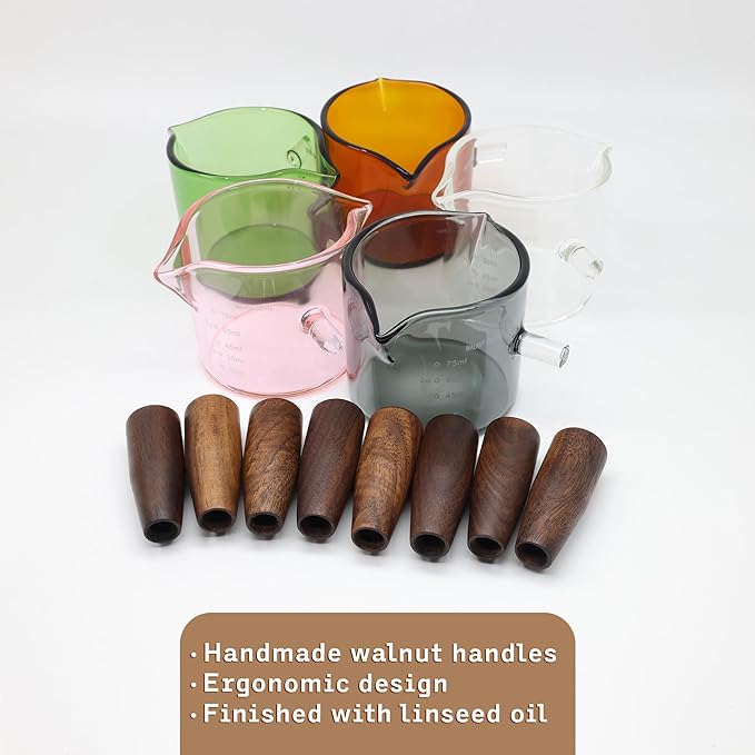 Handmade Espresso Shot Glass Double Spouts 3.5oz with American Walnut Handle, Espresso Measuring Cup, Double Spout Glass Measuring Cup, Milk Frothing Pitcher