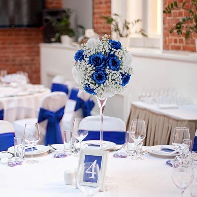 BLOSMON Fake Flowers Ball Wedding Centerpieces 2 Pcs Royal Blue Rose Babys Breath Artificial Flower Center Pieces Decoration for Table Faux Silk Floral Bouquet Arrangements for Home Party DIY Decor