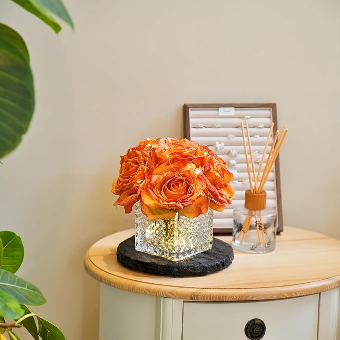 Artificial Rose in Glass Vase Vintage Silk Flower Arrangement with LED Light for Table Centerpiece Home Wedding Decoration (Orange)