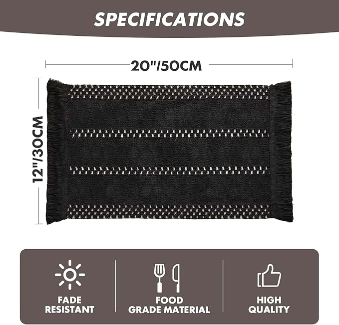 ZeeMart Macrame Style Boho Placemats Set of 6, Black 12x20 Inch | Decorative Farmhouse Table Mats, Natural Cotton Woven Place Mats, Bohemian Home Decor for Kitchen Dining Table