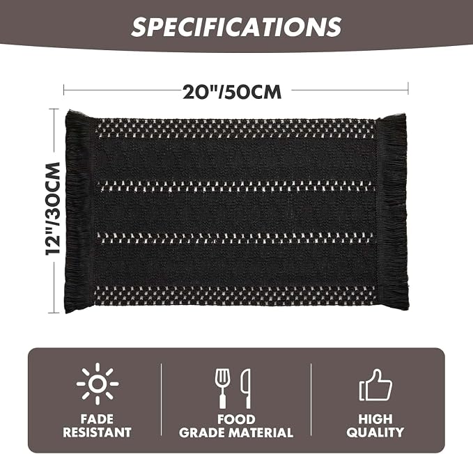 ZeeMart Macrame Style Boho Placemats Set of 4, Black 12x20 Inch | Decorative Farmhouse Table Mats, Natural Cotton Woven Place Mats, Bohemian Home Decor for Kitchen Dining Table