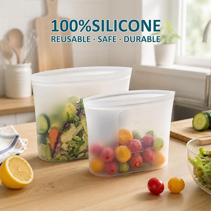 12-Pack Platinum Silicone Reusable Storage Bags, 100% Premium Silicone Stand-Up Wide-Open Zip-Lock Reusable Storage Bags for Food, Freezer Microwave Oven Dishwasher Safe, Crystal-Clear, 4M 4S 4XS