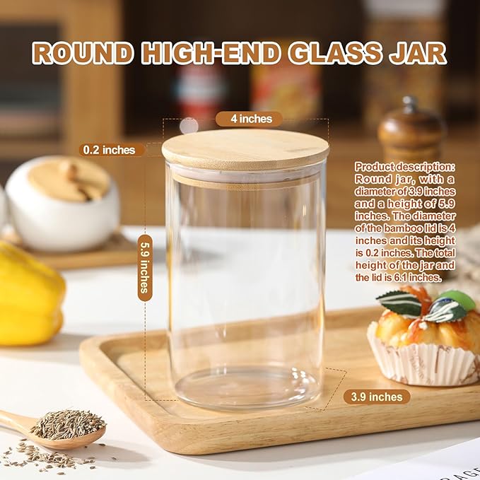 6-Pack Glass Storage Jars with Bamboo Lids Single 32 fl oz/950ml, Glass Canister Set, Airtight Containers for Kitchen Dry Goods, Coffee, Tea, Sugar,Flour,Candy, Cookie, Pasta
