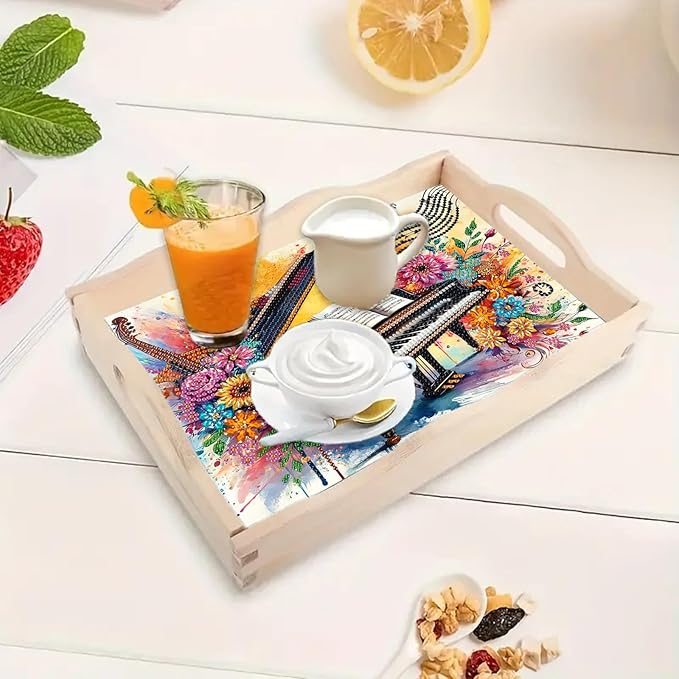 BAYUNOE DIY Diamond Serving Tray Rectangular Breakfast Tray with Handle Handmade Diamond Art Painting Wooden Tray Spring Creative Dinner Plate Coffee Room Living Home Organizer-Piano