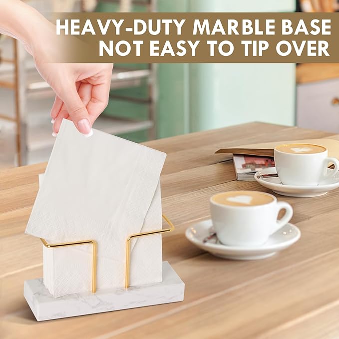 2 Pack Cocktail Napkin Holder for Table,Natural Marble Napkins Holder with Metal Wire,Modern Tissue Paper Dispenser for Dining Table Bar Kitchen (for 5 x 5 inches napkin)