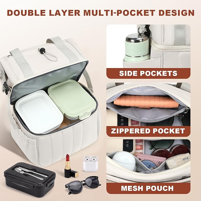 LOIDOU Insulated Lunch Bag for Women Men, Double Layer Leakproof Lunch Box, Quilted Reusable Lunch Tote Bags Large Capacity Work Lunchbox for Adult, Office, Nurse, Teacher