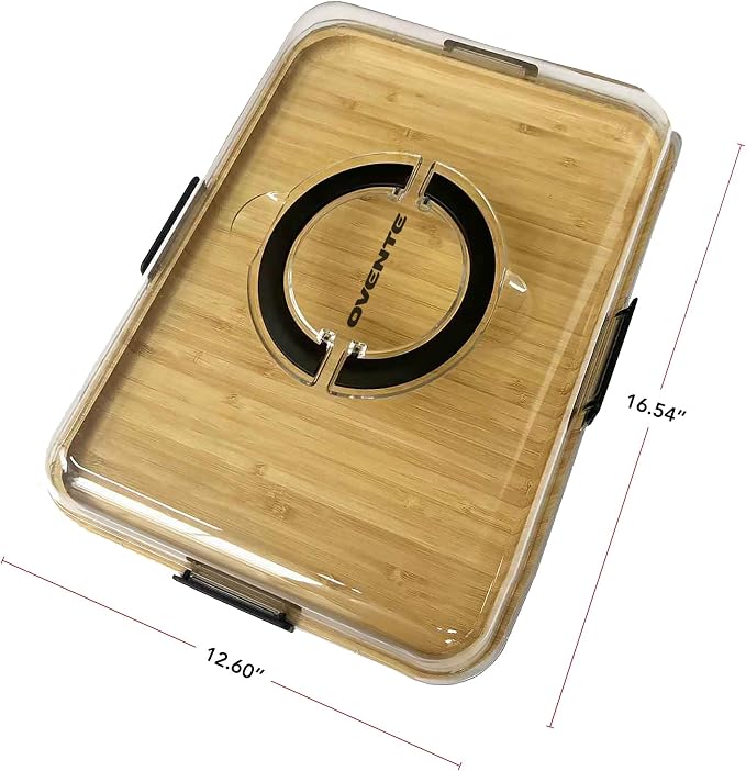 OVENTE Charcuterie Board with Clear Locking Lid and Black Handles, 16.5" x 12.6" Bamboo Food Serving Tray, Portable Cheese Cutting Board for Entertaining or Picnic, House Warming Gifts, Brown B011713B