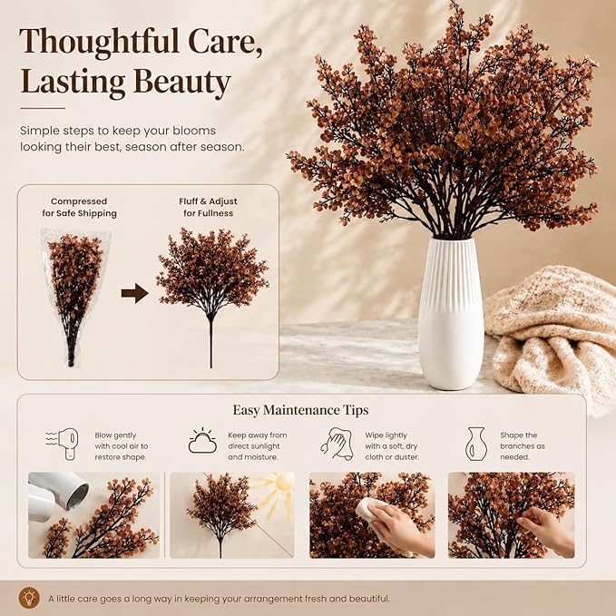 Mandy's Brown Artificial Baby’s Breath Flowers 6 Bundles Silk Gypsophila, 18.5 Inch European Style Modern Home Decor Centerpiece, Neutral Wedding Flower Arrangements