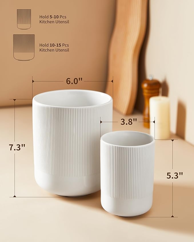 Pokini Utensil Holder, 7.3"+5.3" Large Ceramic Kitchen Utensil Holder for Countertop, Cooking Utensil Holder for Kitchen Counter Decor, Modern Kitchen Utensils Holder, Bright White