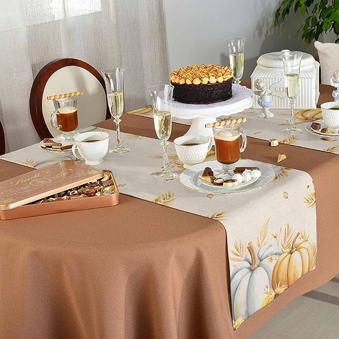 Fall Pumpkins Table Runner - 120 Inch Long, Grey Golden-yellow Pumpkin Thanksgiving Dining Table Runner Dresser Scarves, Maple Leaf Farm Harvest Decor for Coffee Table Wedding Party Banquet, 13x120 in
