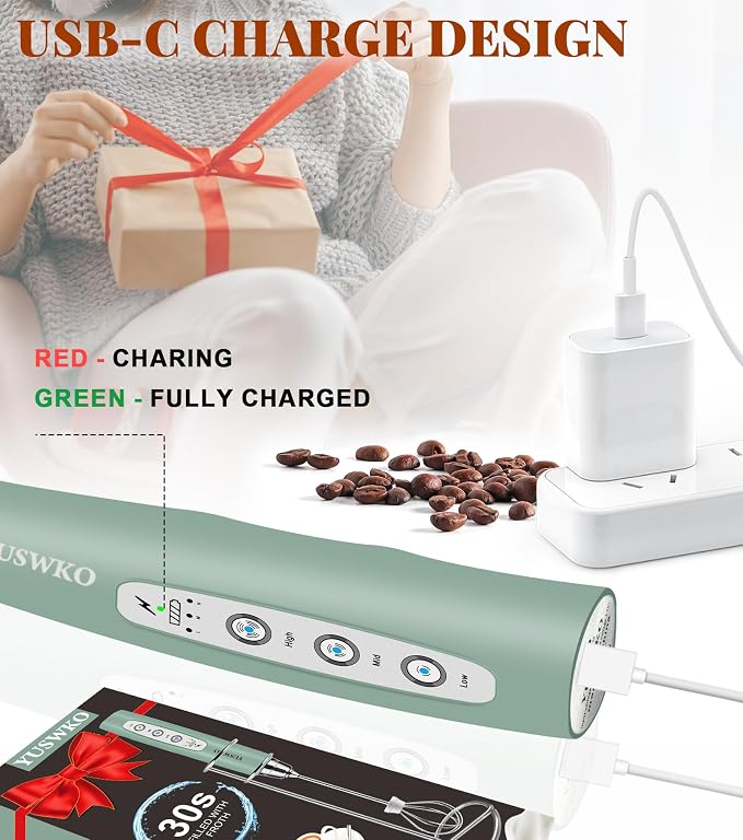 YUSWKO Milk Frother Handheld for Coffee with Stand, Rechargeable Drink Mixer with 3 Heads 3 Speeds Electric Coffee Frother Whisk, Gift for Many Occasions and Festival