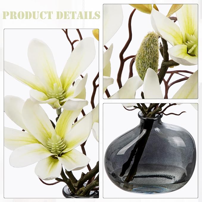 Briful 2PACK Artificial Magnolia Flowers with Grey Glass Vase, Small Faux Magnolia Arrangement Realistic Silk Flowers for Elegant Home Table Shelf Bathroom Decor