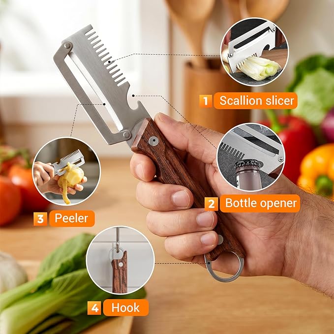 4-in-1 Multi-Functional Vegetable Peeler for Kitchen, 2026 New Kitchen Multi-function Stainless Steel Thickened Fruit Peeler Knife with Wooden Handle for Peeling Fruits and Shredding Scallions (3 Pcs)