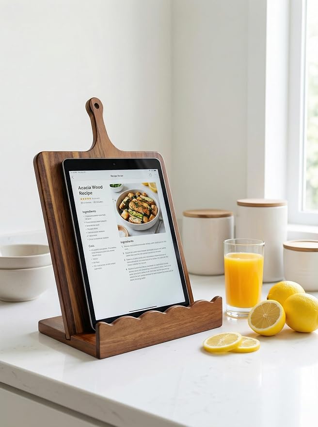 Acacia Wood Cookbook Stand for Kitchen Counter 15.7"x11.8" with Handle, 2-Piece Scalloped Recipe Book Holder with Removable Charcuterie Board, Rustic Kitchen Decor, Gift-Ready Recipe Card Display
