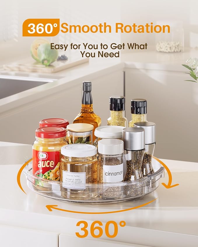 LAMU 2 Pack 10.6in Lazy Susan Organizer Turntable for Cabinet, Clear Lazy Susan for Refrigerator Rotating Organizer for Fridge, Kitchen, Pantry, Countertop, Bathroom, Medicine Cabinet Organizer