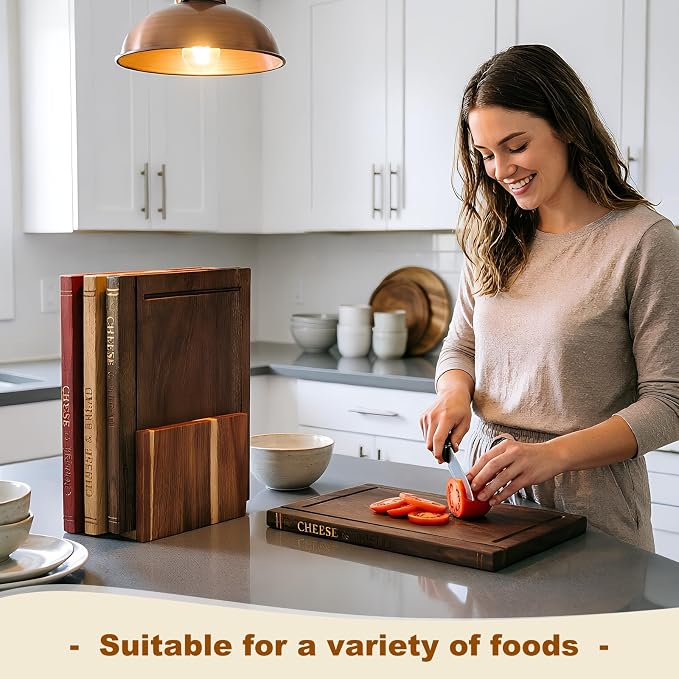 Book Cutting Boards Set,Wood Book Style Cutting Boards With Stand,Wooden Cutting Boards That Look Like Books For Kitchen