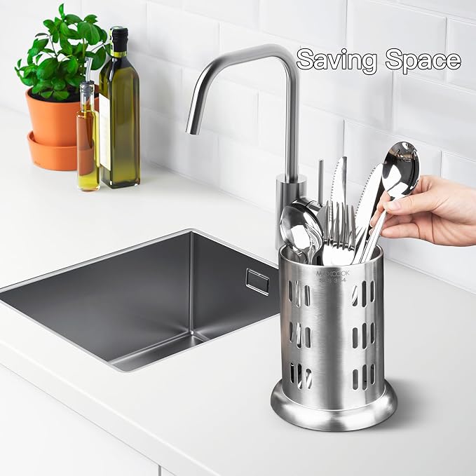 Stainless Steel Chopstick Holder, 18/8 Stainless Steel Utensil Holder for Countertop, Round Drain Holes