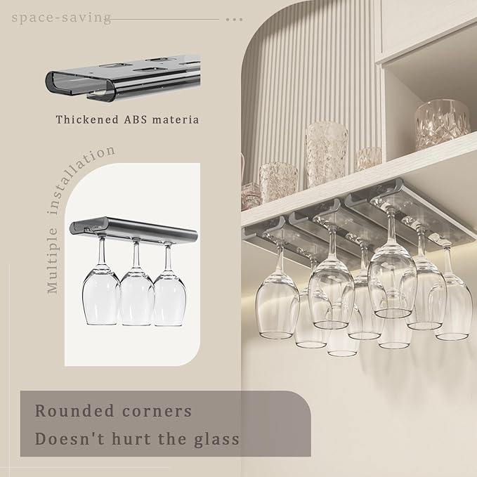 4Pack Wine Glass Rack, Punch-free Stemware Rack for Kitchen and Bar (Grey)