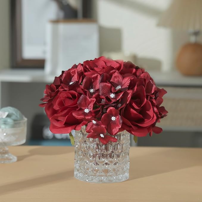 Rose Silk Flower Arrangement Artificial Vivid Rose in Glass Vase with LED Light Elegant Centerpiece for Home Wedding Bathroom Table Shelf Decoration (Dark Red)