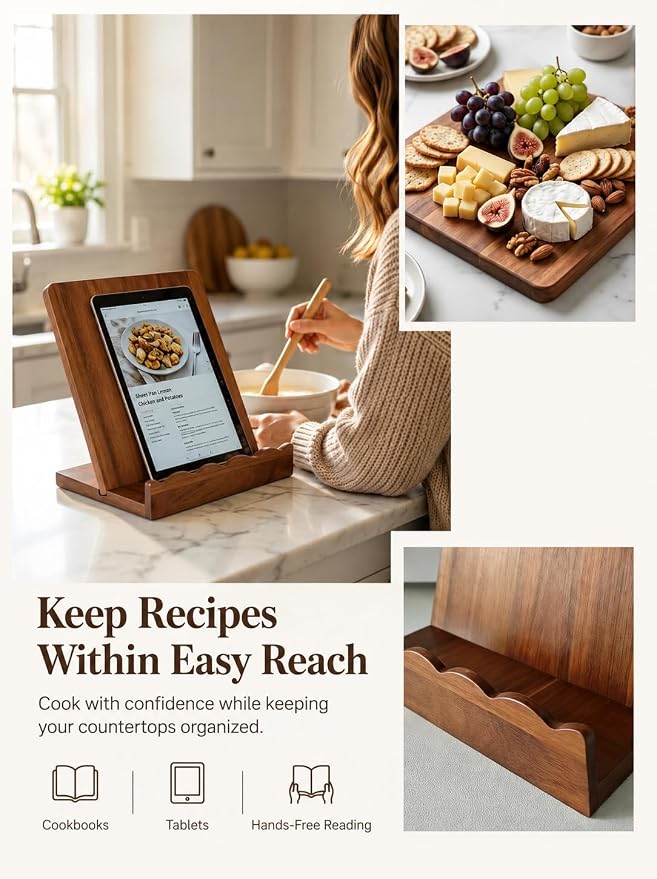 Acacia Wood Cookbook Stand for Kitchen Counter, Detachable Serving Tray | 2-in-1 Recipe Stand & Serving Tray, Holds 11.8" Cookbooks & 3" Thick Books/Tablets, Acacia Wood, Detachable for Easy Storage