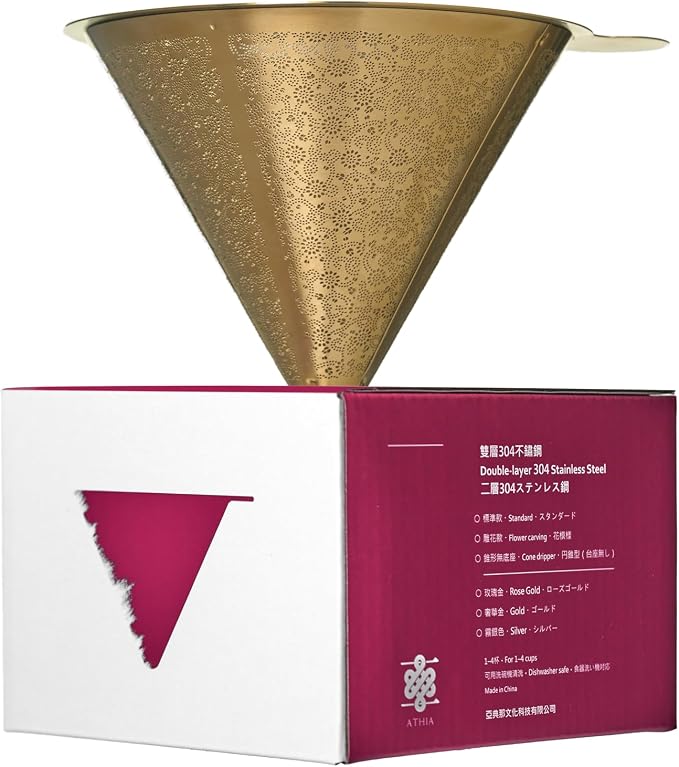 ATHIA Golden Dripper Reusable Stainless Steel Coffee Filter Paperless Cone Filter for Drip Coffee Makers Eco-Friendly Easy Clean Compatible with Most Coffee Makers (Golden, Cone Shape)