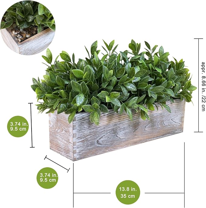 Winlyn 14" Faux Boxwood Plant in Rectangular Wood Planter Box Rustic Greenery Arrangement Artificial Potted Herb Plant for Farmhouse Home Decor Wedding Mantel Shelf Windowsill Dinner Table Centerpiece