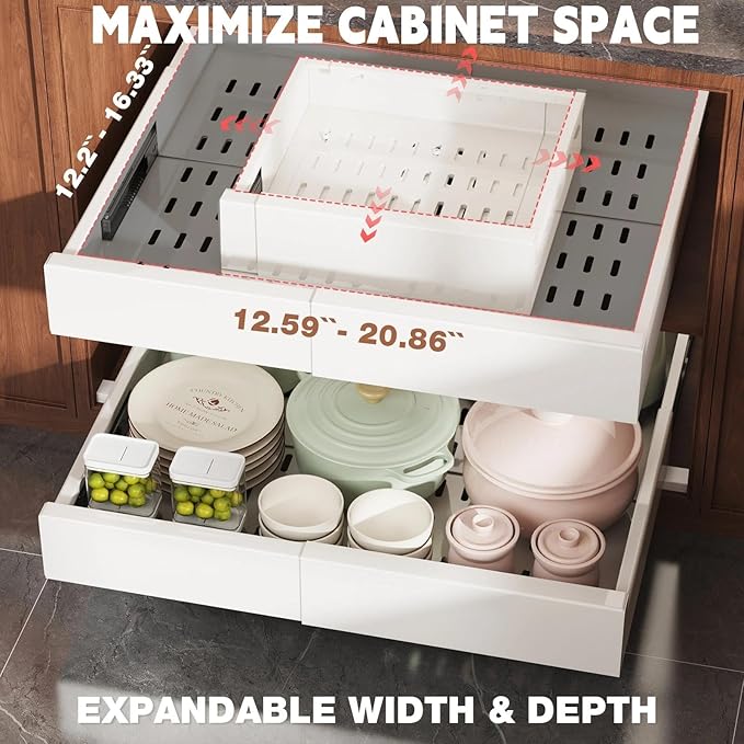Seinloes Pull Out Cabinet Organizer,4-Side Expandable to Maximize Cabinet Space,Slide Out Drawers with 3 Rail Design,Roll Out Shelf with Raising Pad for Framed Cabinet,13"-21"W x 13"-17"D,White,2 Pack