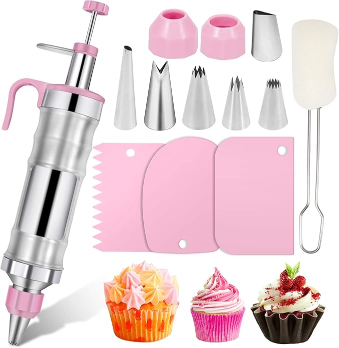 Pink Cake Decorating Kit - 6 Russian Piping Icing Nozzles, 3 Cream Scrapers, Stainless Steel Cupcake Frosting Filling Injector