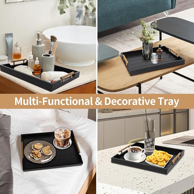 SXNOWS Coffee Table Trays - Large Ottoman Tray for Living Room -Wood Serving Tray with 2 Sets of Handles - Wooden Tray for Coffee Table, 4 Round Coasters Included, Black