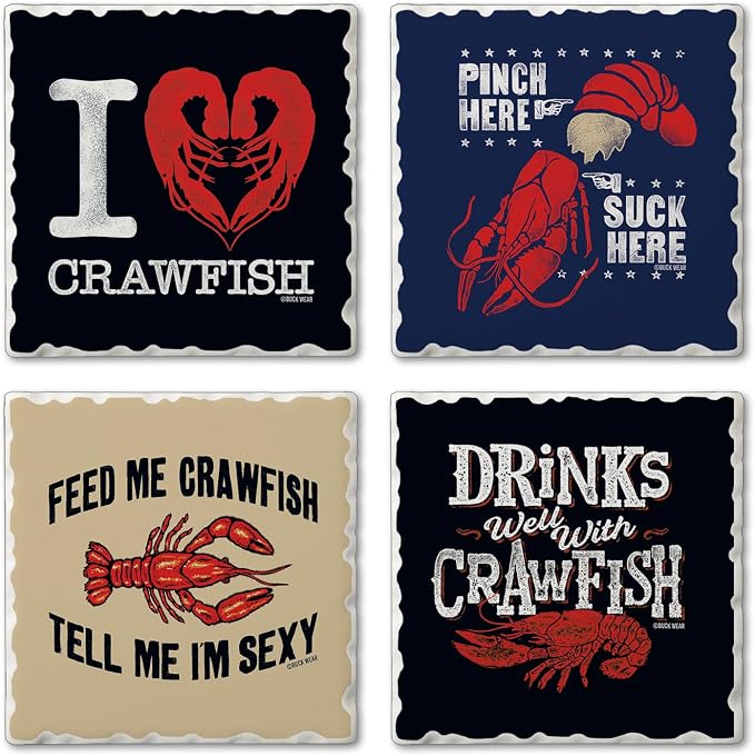 Thirstystone Crawfish Love 4 Pack Assorted Tumbled Tile Stone Coasters with Protective Cork Backing Manufactured in The USA Absorbent Easily Wipes Clean