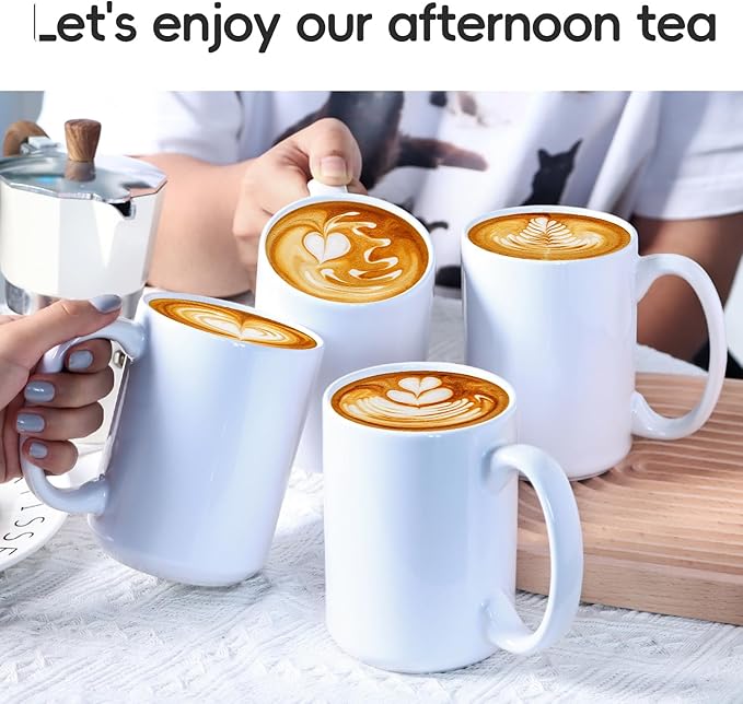 16 OZ Porcelain Coffee Mugs, Classic Blank Ceramic Cup with Large Handle for Tea Latte Cappuccino, Set of 4, White