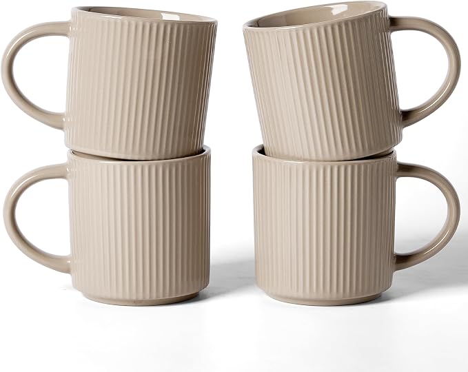 famiware Coffee Mug Set for 4, Star 12 oz Catering Mugs Cup Set with Handle for Coffee, Tea, Cocoa, Milk- Ceramic Stoneware Drinkware Set, Cinnamon Brown