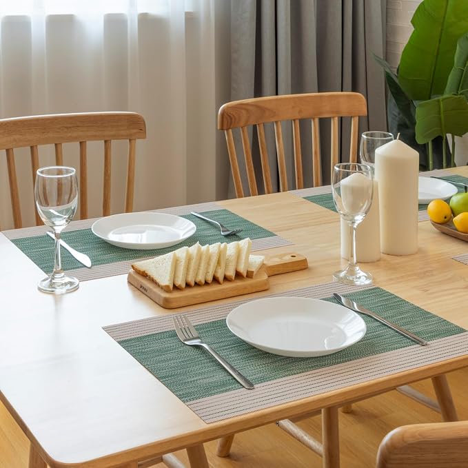 Winknowl Placemats, Set of 8 Heat Resistant Stain Resistant Woven Vinyl Insulation Place mats, Durable Washable Elegant Table Mats for Dining (Striped Green)