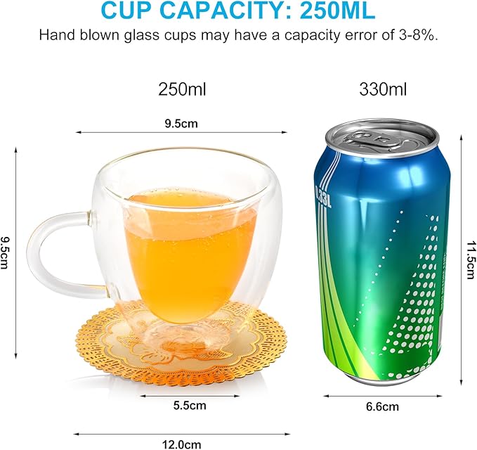 Double Wall Heart Shaped Coffee Mugs Set of 2, Espresso Glass Cups with Handle, for Coffee, Latte, Tea, Wine cup, Party, Gifts, 8oz/240Ml (with Exquisite Coasters)