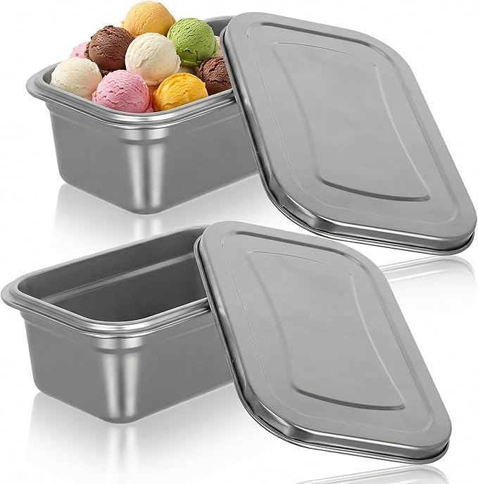 Reusable Ice Cream Tub Containers 2 Quart: Stainless Steel Ice Cream Containers for Homemade Ice Cream, Sorbet, Frozen Yogurt or Gelato - Stackable Ice Cream Freezer Container,1.8 Liter