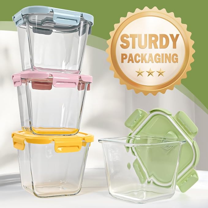 Borosilicate Glass Soup Containers with Lids, 4 Cup/32 oz, 4 Pack | Microwave Dishwasher Oven Freezer Safe | Airtight Leak Proof | Food Grade | Square Soup Meal Prep | Lunch | Food Storage Set