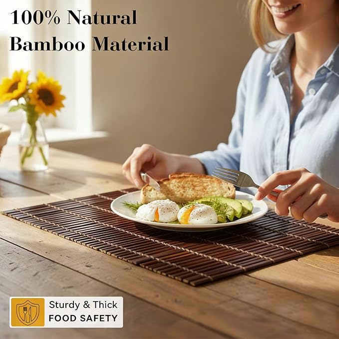 4-Pack Bamboo Placemats,Woven Heat-Resistant Rectangular Table Mats, Natural Rectangular Dining Place Mats, Rustic Japanese Style Plate Mats for Indoor Dining, Kitchen and Party Use(Chocolate