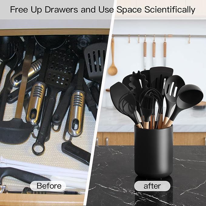 LATCHHOOK Black Kitchen Utensil Holder for Countertop, Large 7.2 Matte Ceramic Cooking Utensil Crock for Counter Easy to Clean, Modern Spatula Holder for Farmhouse Décor 7.2×5.8 INCH