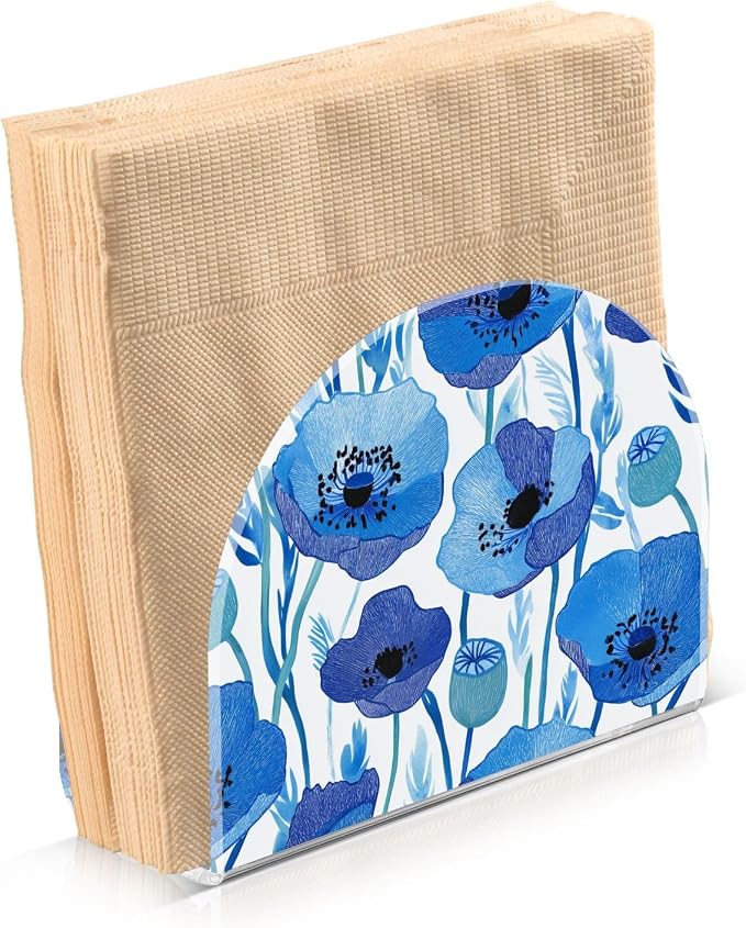 Blue Poppy Flowers with Light Blue Leaves Napkin Holder for Table Acrylic Vertical Napkin Holders for Paper Napkins Decor Napkin Dispenser for Home Party Dining Cocktail Kitchen Accessories, 2 Pack