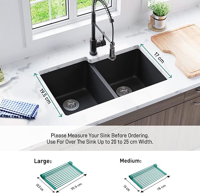 Bellemain Dish Rack Over Sink, Roll Up Dish Drying Rack | Silicone & Stainless Steel Dish Drainer, Dish Drying Mat, Space Saving Drying Rack (Green, Medium)
