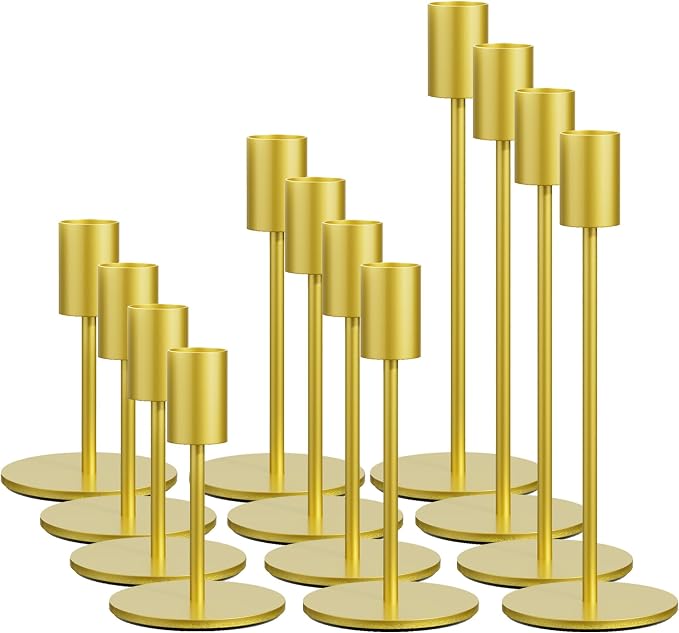 FSyueyun Gold Candle Holder Taper Candle Holders, Set of 12 Candle Stick Holders Decor for Mantel Table Centerpiece, Used for Wedding, Dinning, Housewarming Gift