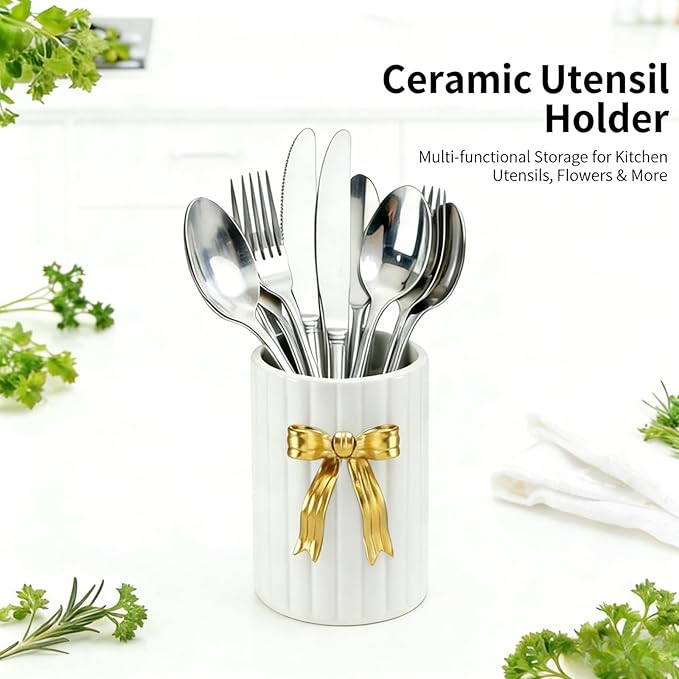 Handmade Ceramic Utensil Holder, Gold Bow 3D Coquette Cooking Utensil Crock with Scalloped Edge, Kitchen Vintage Retro Storage Caddy Organizer, Vase Decor Graduation Gift for College Students