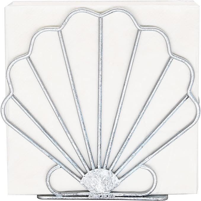 OwlGift Oceanic Napkin Holder, Nautical Themed Napkin Holder with Seashell Design, Beach Napkin Storage Organization Décor for Tabletop, Coastal Décor Centerpiece – Silver Blue