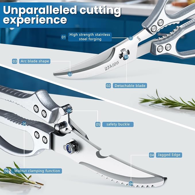 HUUSK Silver Kitchen Scissors Set - Heavy Duty Kitchen Shears for Poultry & Sharp Seafood Scissors for Crab, Shrimp, Lobster, Nuts - Christmas Gift for Men and Women