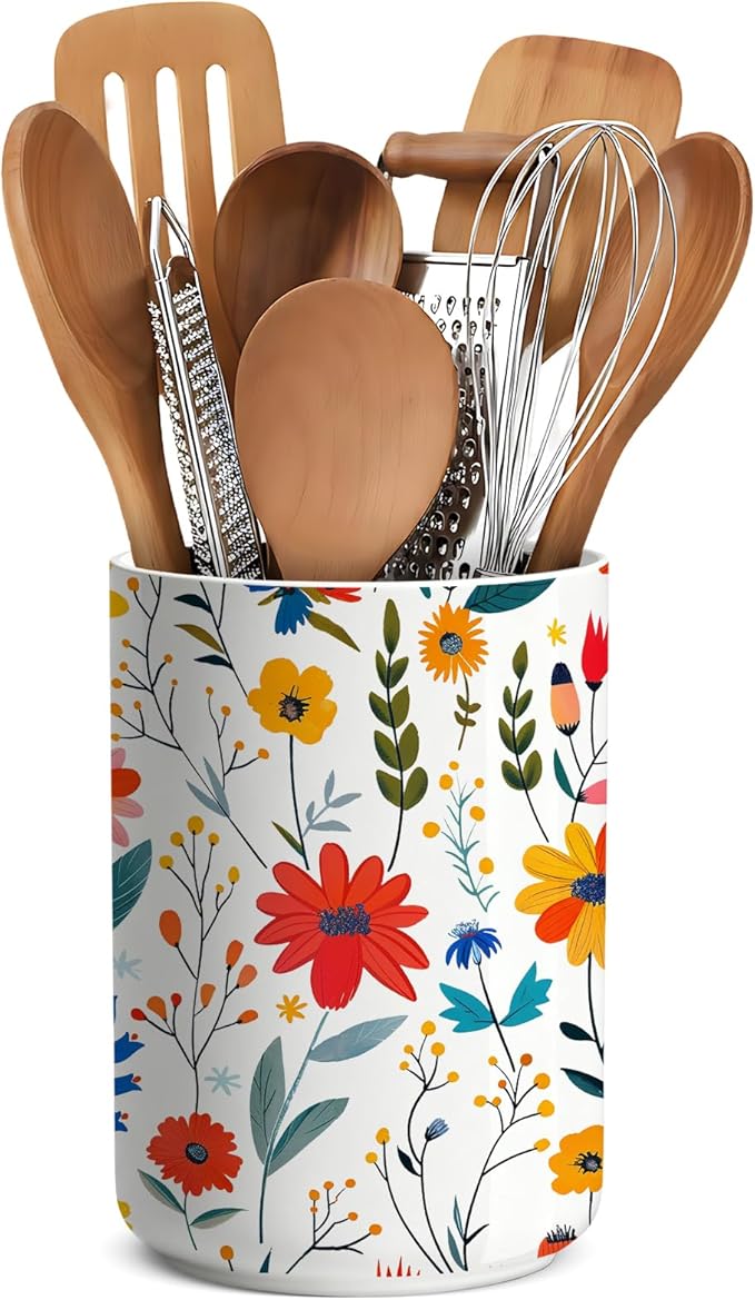 Wildflowers Utensil Holder,Countertop Ceramic Utensil Holder,Large Cooking Utensil Crocks for Kitchen Counter Decor,Ceramic Vase for Kitchen Utensils,6.3"+4.7"(Kitchen Stories Among Flowers)